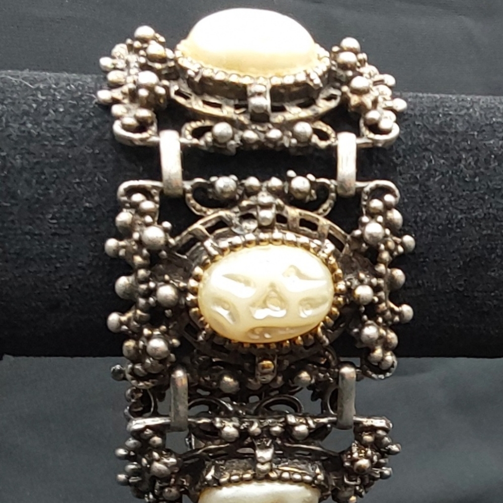 Statement Piece Victorian Style Faux Mabe Pearl Cabochon Panel Bracelet